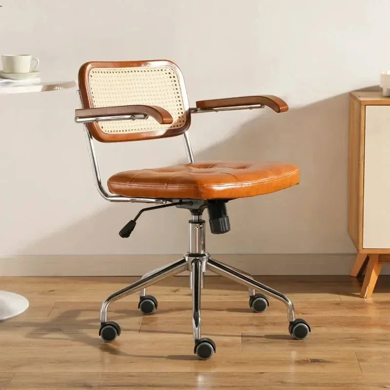 New Japanese Rattan Computer Chair Retro Rotating Chair Comfortable Study Desk Breathable Armrest