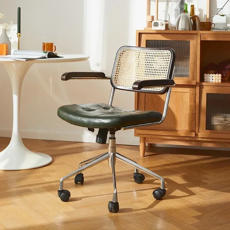 New Japanese Rattan Computer Chair Retro Rotating Chair Comfortable Study Desk Breathable Armrest