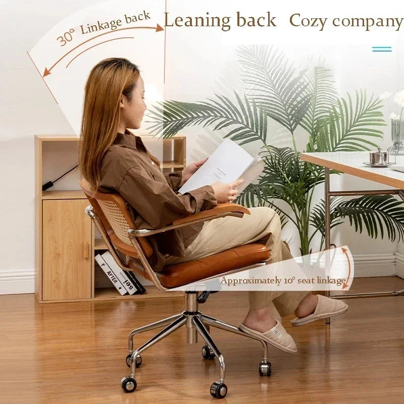 New Japanese Rattan Computer Chair Retro Rotating Chair Comfortable Study Desk Breathable Armrest