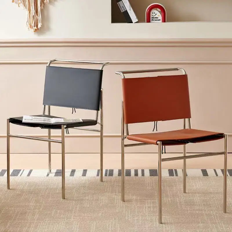 Italian minimalist saddle leather dining chair stainless steel chair Nordic designer light luxury restaurant