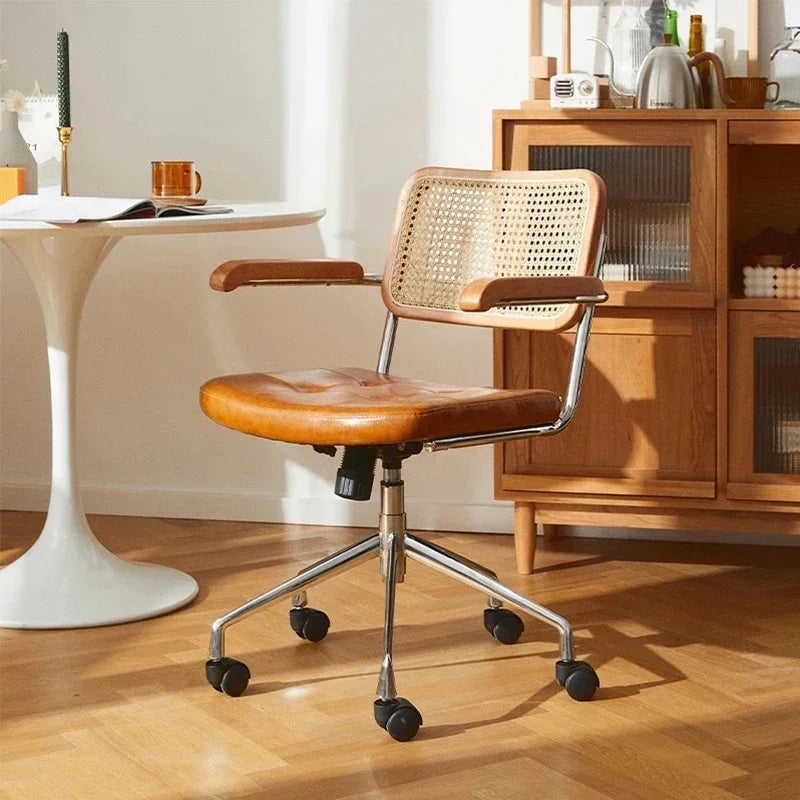New Japanese Rattan Computer Chair Retro Rotating Chair Comfortable Study Desk Breathable Armrest