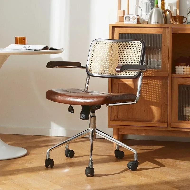New Japanese Rattan Computer Chair Retro Rotating Chair Comfortable Study Desk Breathable Armrest