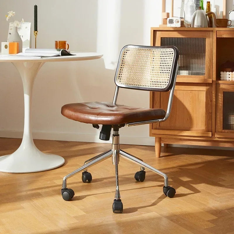 New Japanese Rattan Computer Chair Retro Rotating Chair Comfortable Study Desk Breathable Armrest